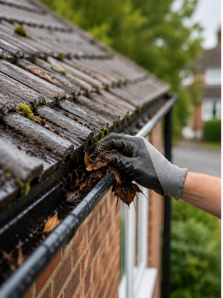 Blocked gutter filled with wet leaves, moss and roof debris before cleaning