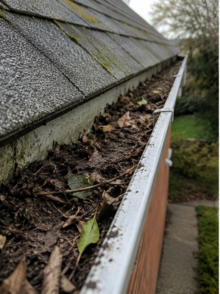 Dirty gutter before cleaning with moss, leaves and debris blocking rainwater flow