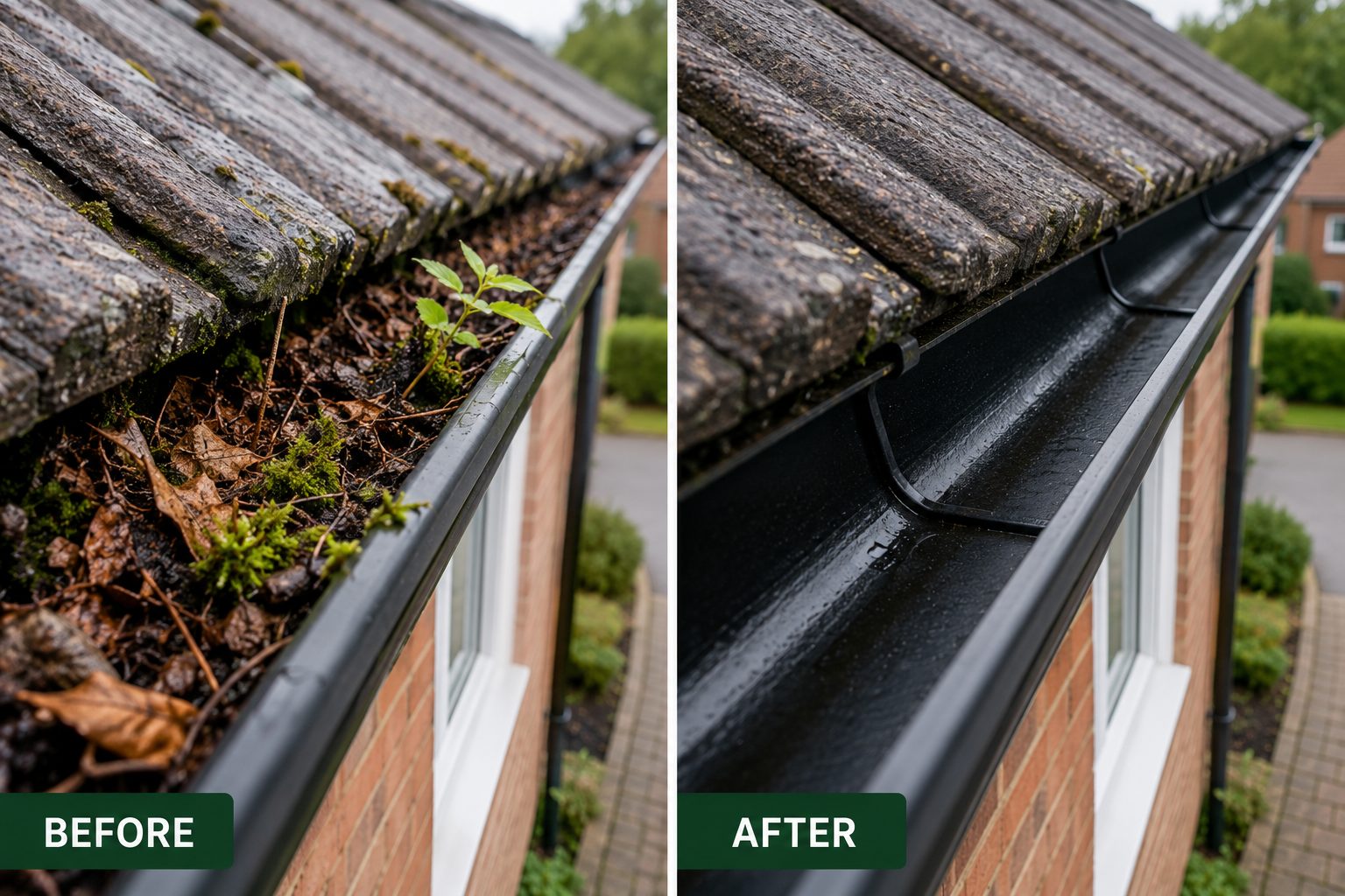 Before and after gutter cleaning showing a blocked gutter beside a clean gutter