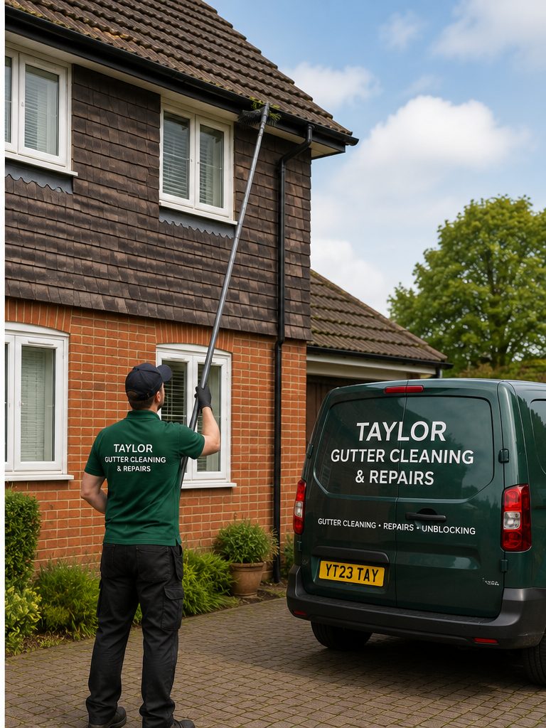 Gutter cleaning worker using a pole system outside a house with a service van nearby