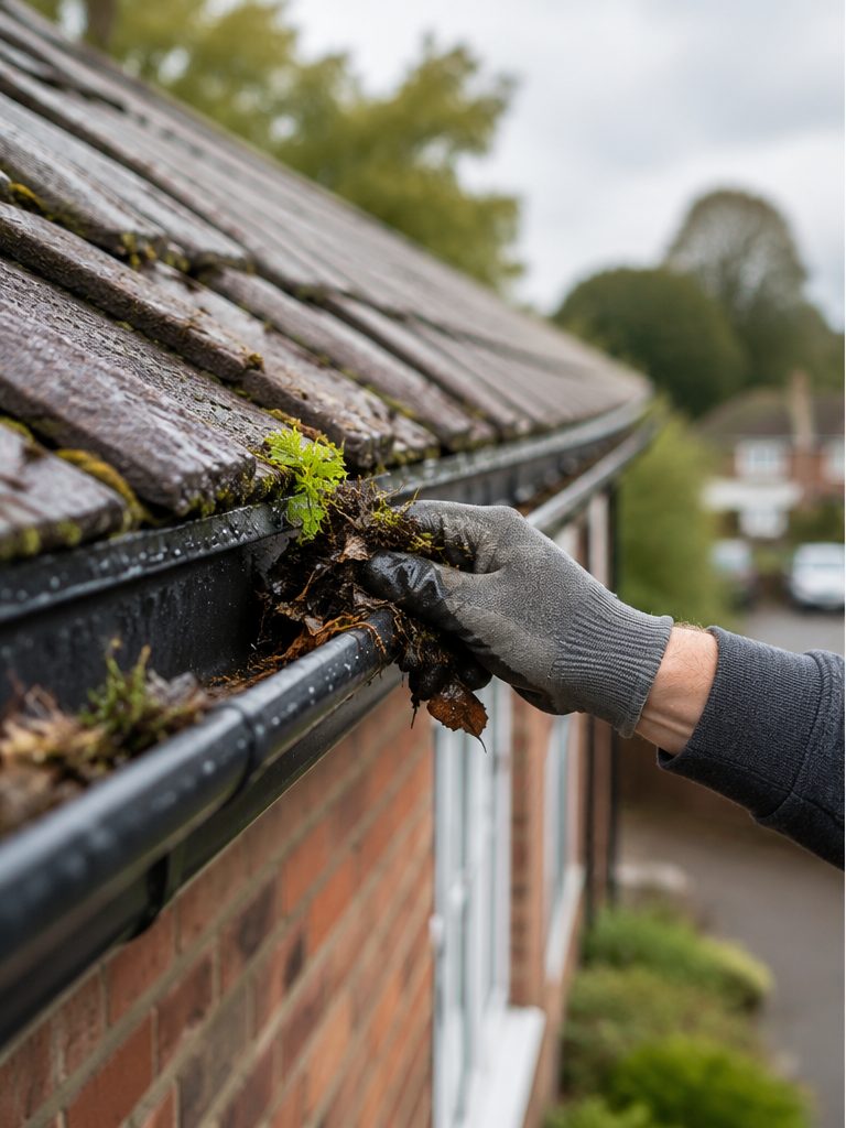Close-up of gutter debris being removed from a roofline gutter