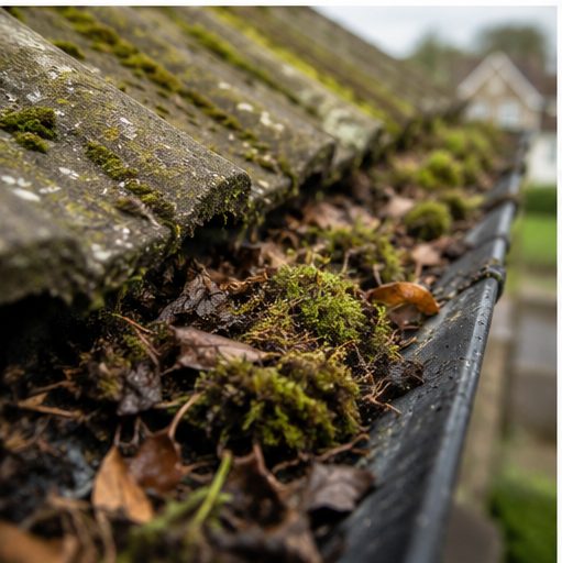 Close-up of moss and debris inside a gutter before moss removal and gutter clearing