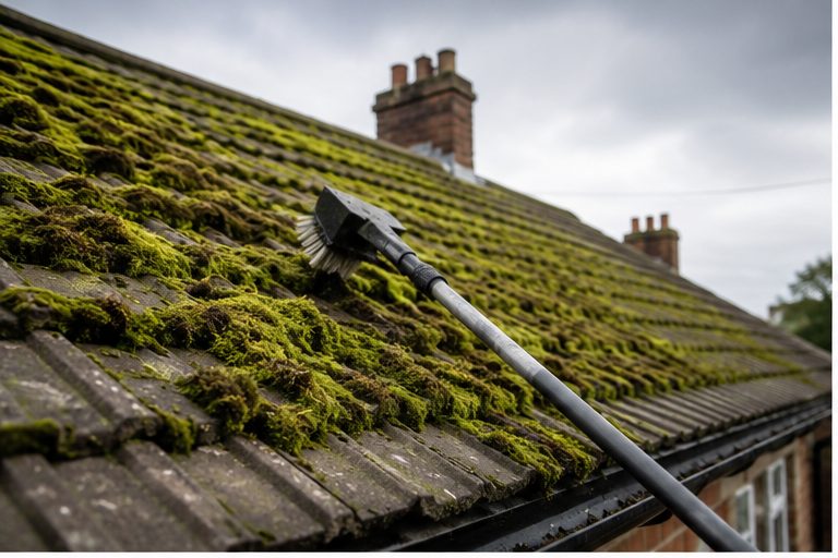 Long handled roof brush removing moss from roof tiles above a gutter line
