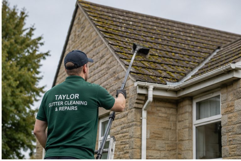 Worker carrying out roof moss removal with a long handled roof cleaning brush on a UK home