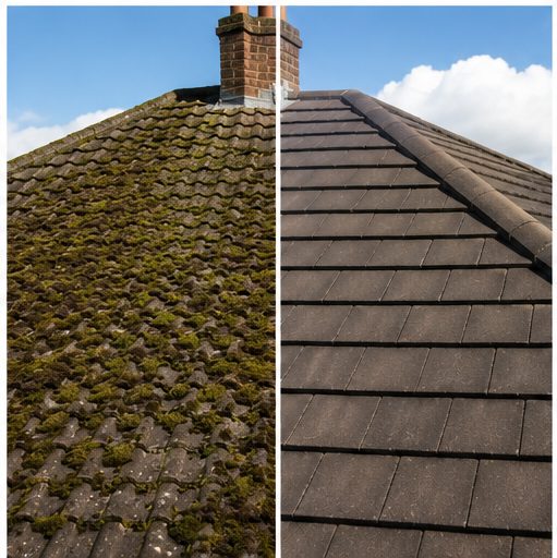 Before and after roof moss removal showing a moss covered roof beside cleaner roof tiles